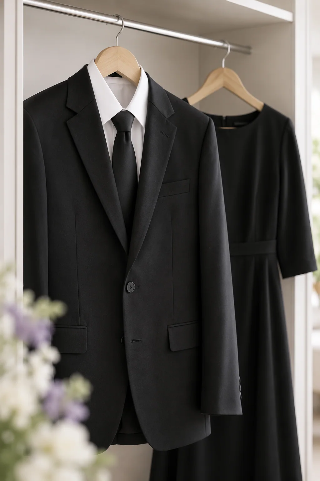 ハンガーに掛けられた黒い礼服のイメージ