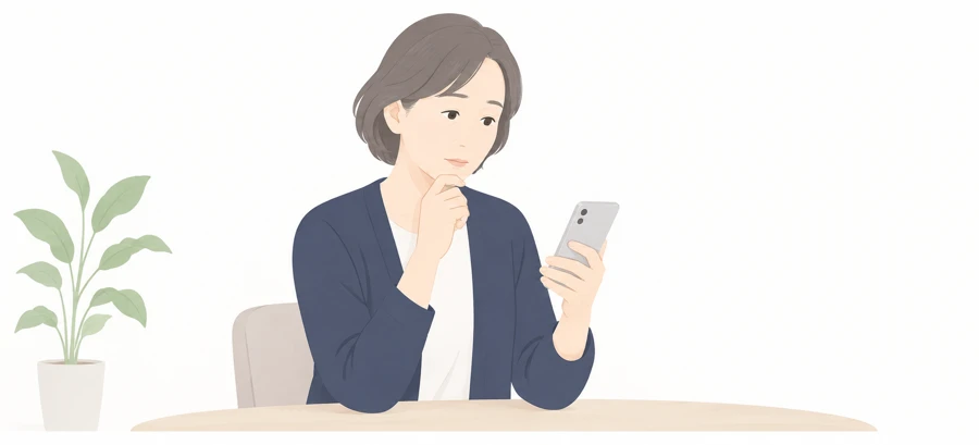 スマートフォンを見ながら相談について考える女性